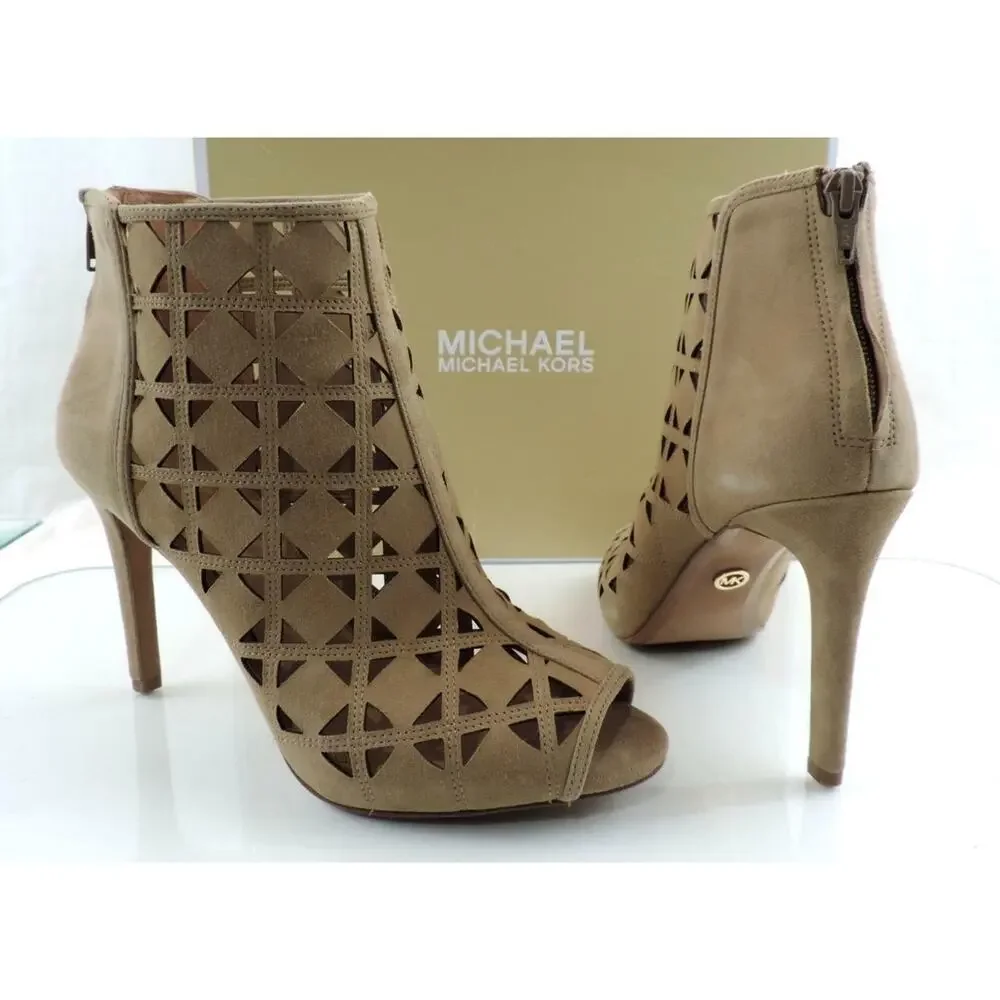 Michael Kors Size 10 Ivy Bootie High Heel Open Toe Sandals Suede Dark Khaki